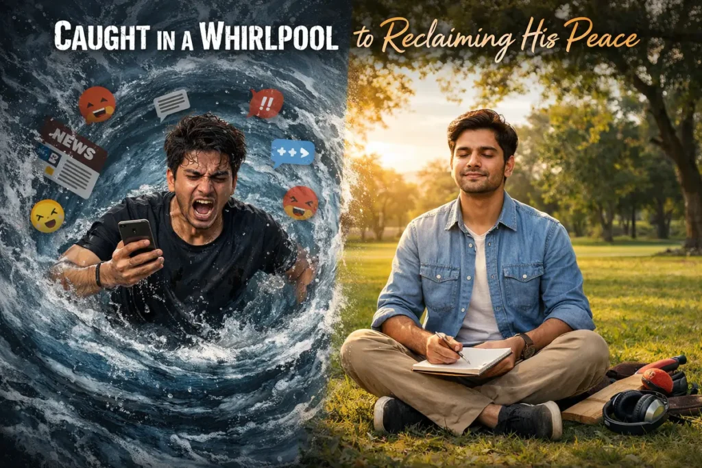 Caught in a Whirlpool 2 A striking split-screen conceptual poster titled "Caught in a Whirlpool to Reclaiming His Peace." The left side depicts a man overwhelmed and shouting inside a dark water vortex filled with chaotic social media icons and news alerts. In contrast, the right side shows the same man sitting peacefully on green grass in the sunlight, journaling with his eyes closed and headphones set aside, symbolizing a successful mental health transition.