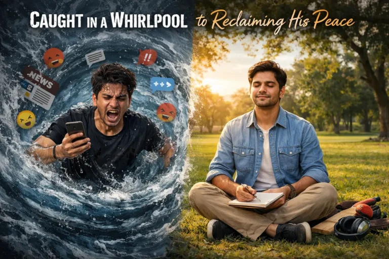 A striking split-screen conceptual poster titled "Caught in a Whirlpool to Reclaiming His Peace." The left side depicts a man overwhelmed and shouting inside a dark water vortex filled with chaotic social media icons and news alerts. In contrast, the right side shows the same man sitting peacefully on green grass in the sunlight, journaling with his eyes closed and headphones set aside, symbolizing a successful mental health transition.