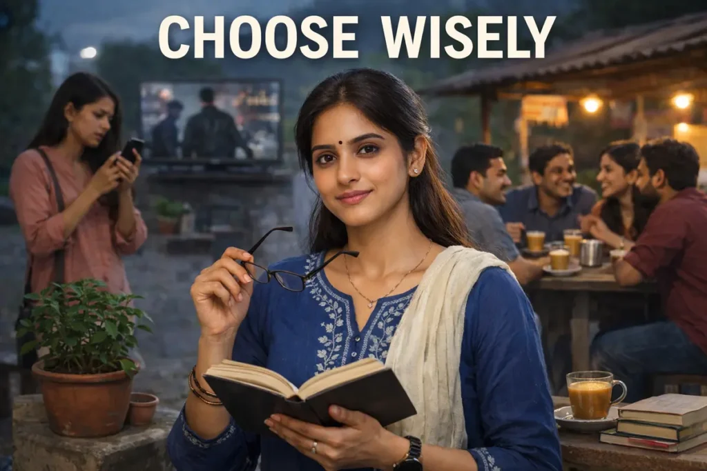 A horizontal lifestyle image titled "Choose Wisely" featuring a young woman sitting in a cafe, holding an open book and her glasses while looking directly at the camera with a confident smile. In the blurred background, other people are distracted by their phones or a television, creating a contrast between mindful reading and digital distraction.