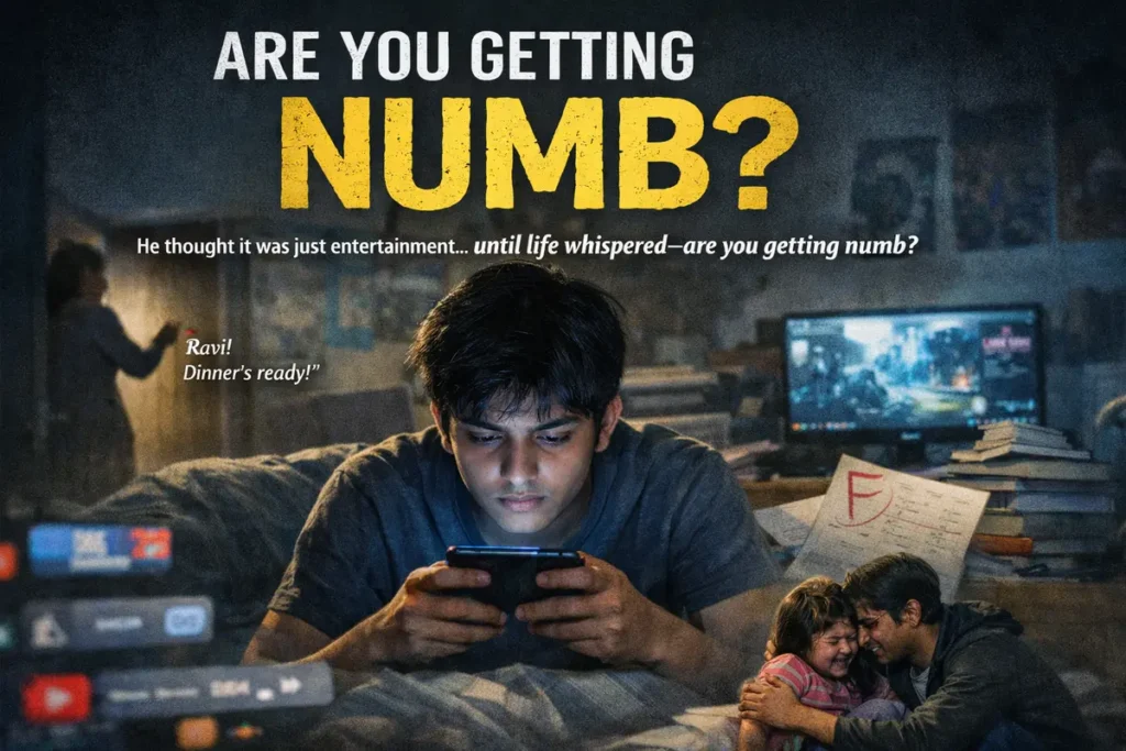 Are you getting Numb? 2 Teen boy lying on bed at night, intensely using smartphone while ignoring family and studies, symbolizing digital addiction and emotional numbness from excessive screen time.