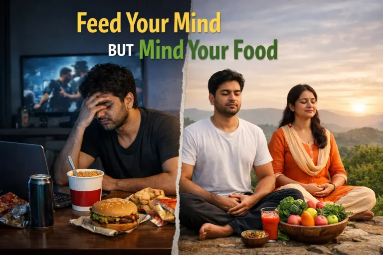 A split-scene realistic cover image illustrating “Feed Your Mind but Mind Your Food,” showing a stressed man surrounded by junk food and screens on one side, and the same man meditating outdoors with fresh fruits and a calm environment on the other, symbolizing the transformation from mental and physical burnout to mindful living.