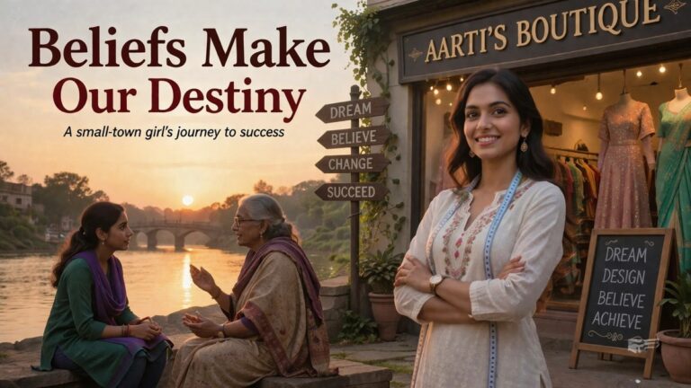 Beliefs Make Our Destiny – a successful woman in her fashion studio reflects on her journey from a small-town girl learning sewing from her elder, highlighting transformation through belief and perseverance.