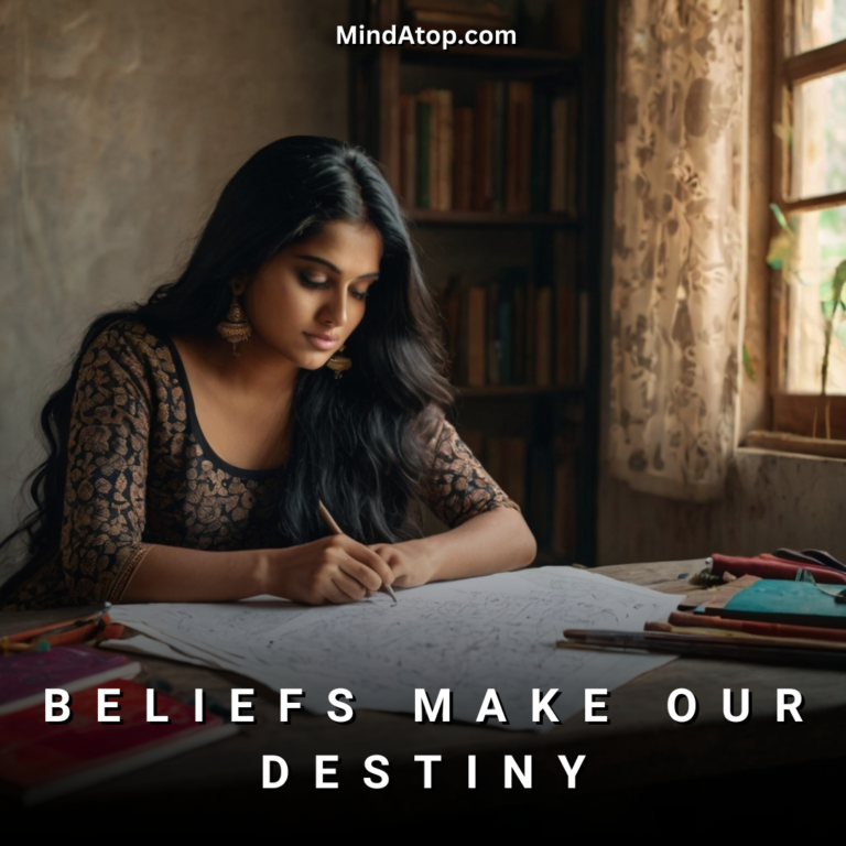 A young woman writing and doing her work as she proves the adage beliefs make our Destiny