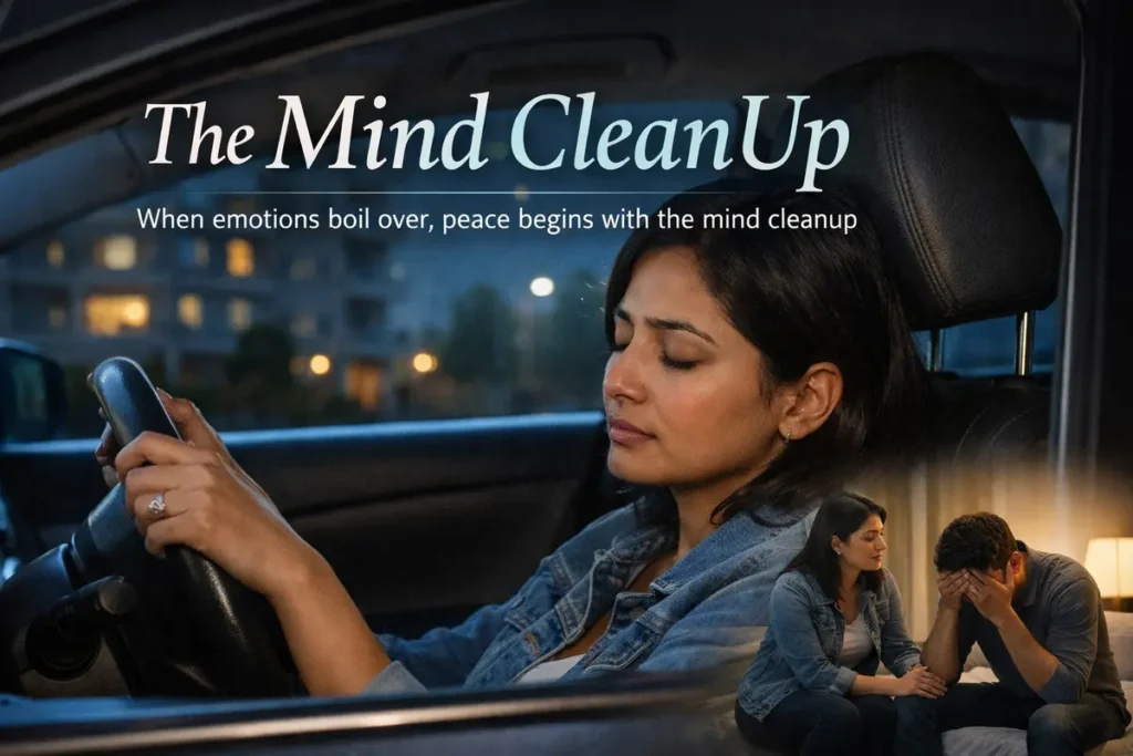 A conceptual montage poster with the headline "The Mind CleanUp." The primary image shows a woman behind the wheel of a car at night, eyes closed as if seeking calm. An inset image in the bottom right corner shows her comforting a man who is sitting with his head in his hands, illustrating the theme of finding peace and mental clarity after an emotional outburst.