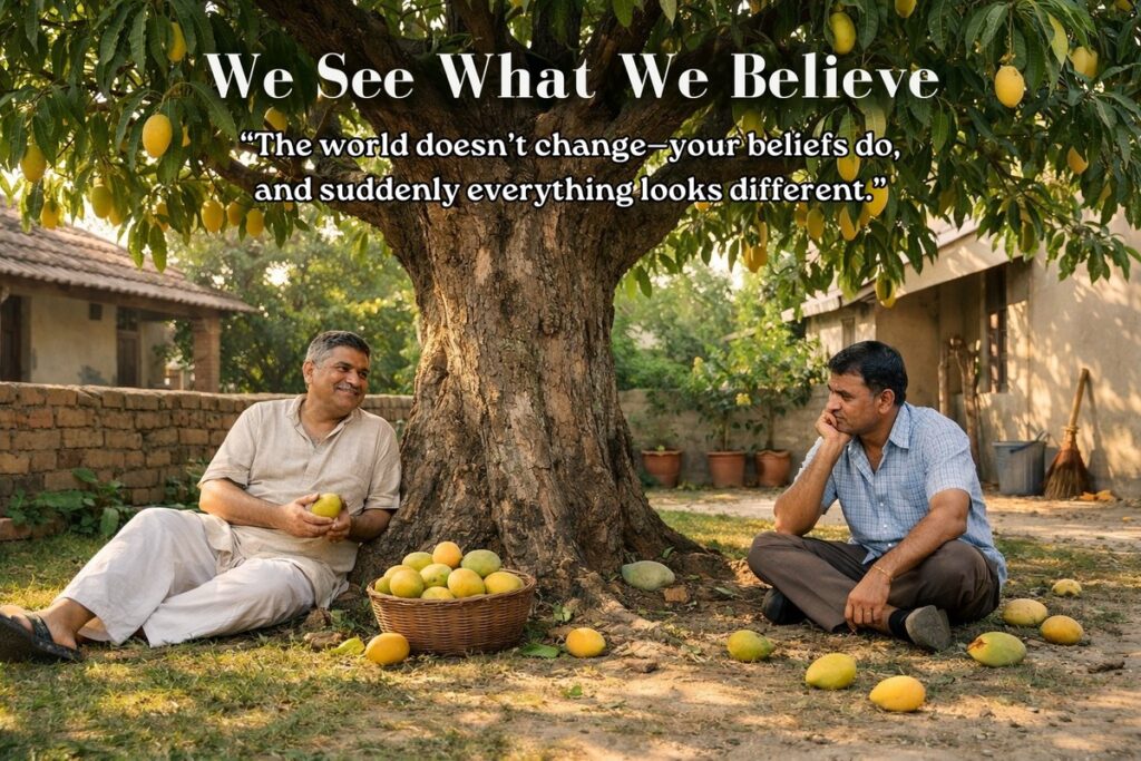 We See What We Believe – two men sit beneath a mango tree surrounded by fallen fruit, one optimistic and the other frustrated, illustrating contrasting perspectives driven by beliefs.