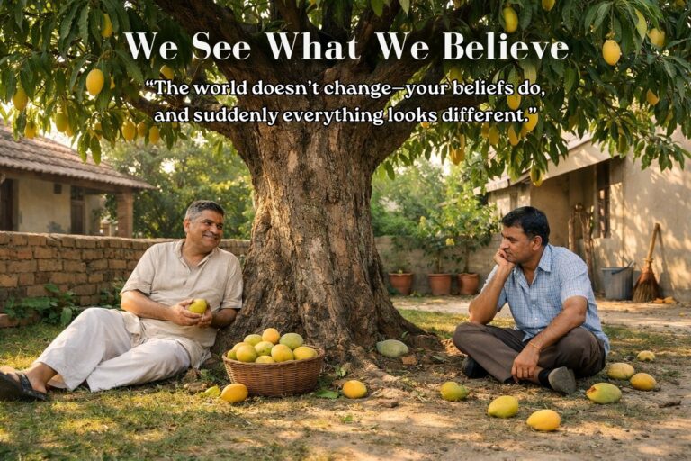 We See What We Believe – two men sit beneath a mango tree surrounded by fallen fruit, one optimistic and the other frustrated, illustrating contrasting perspectives driven by beliefs.