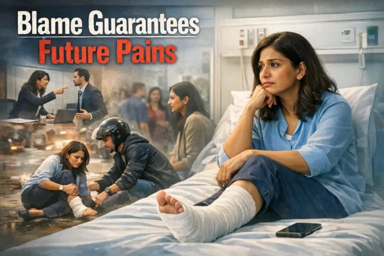 A cinematic montage poster with the headline "Blame Guarantees Future Pains." The main image features a woman sitting on a hospital bed with a cast on her leg, looking regretful. Faded background scenes illustrate the cycle of conflict, including a heated workplace argument and a roadside motorcycle accident, suggesting a link between negative behavior and personal hardship.