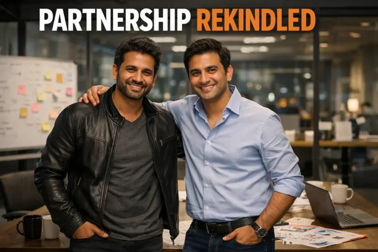 A promotional image with the bold heading "Partnership Rekindled" showing two smiling men standing shoulder-to-shoulder in a creative office setting. One man wears a black leather jacket and the other a light blue button-down shirt, symbolizing a successful professional bond and collaboration in a workspace filled with brainstorming notes and laptops.