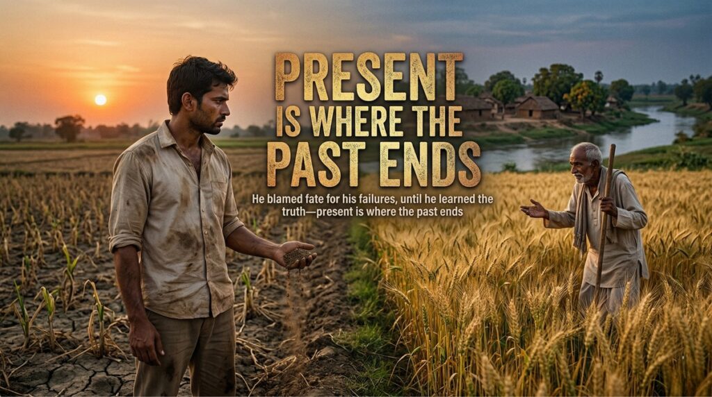 Present is where the Past ends 6 A horizontal cinematic image titled "Present is Where the Past Ends" showing a stark contrast in a rural field. On the left, a young man stands in a dry, cracked field holding a handful of dirt, looking toward a lush, golden wheat field on the right where an elderly farmer stands. The scene symbolizes a transition from blaming fate for past failures to finding truth and success in the present.