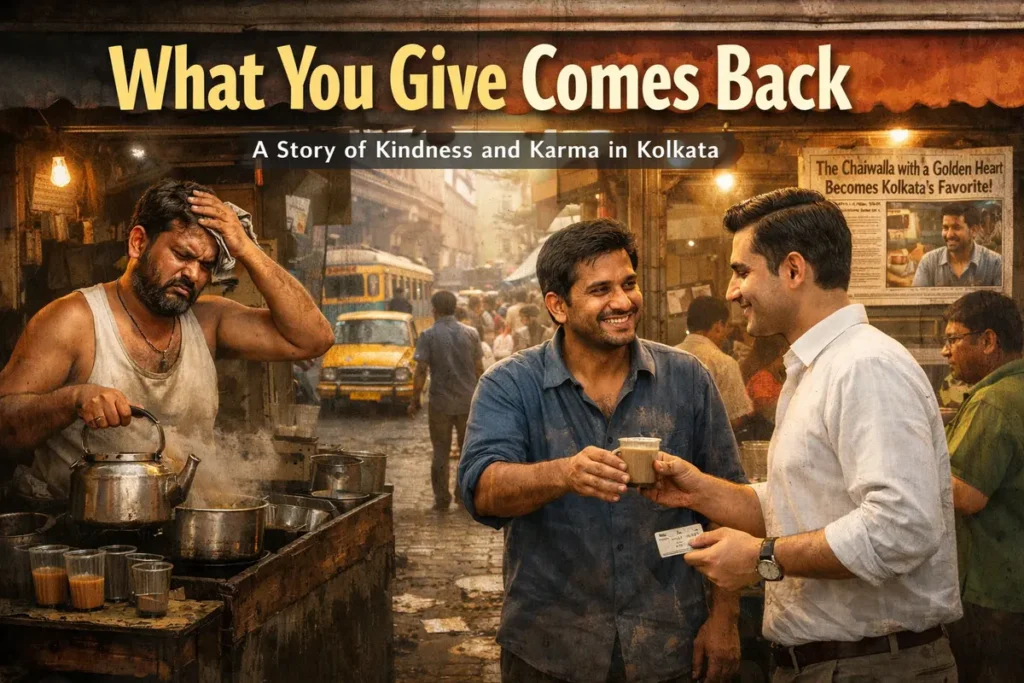 What You Give Comes Back 8 A vibrant cinematic scene titled "What You Give Comes Back" set in a bustling Kolkata street. The image shows a contrast between two tea stalls: on the left, a friendly chaiwala serves tea to a smiling customer, while on the right, another vendor looks stressed and overwhelmed. The subtext "A Story of Kindness and Karma in Kolkata" highlights the central theme of the image.