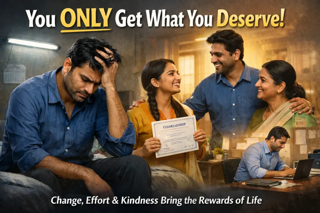 You ONLY Get what You Deserve! 9 An inspirational montage headlined "You ONLY Get What You Deserve!" featuring a man in two different states of life. The foreground shows him in distress, holding his head in a dark setting, while the overlapping bright scenes show him working diligently at a laptop and celebrating a "scholarship" achievement with his happy wife and daughter.