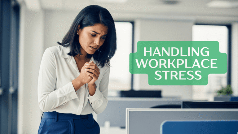 Quiz 1 A standing woman at office looking anxious handling stress at workplace