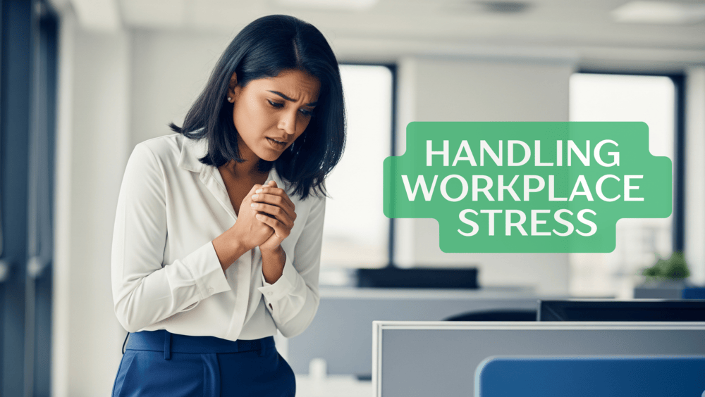 A standing woman at office looking anxious handling stress at workplace