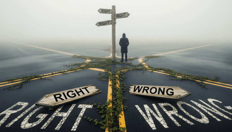 Articles 23 A man standing at a hazy crossroad trying to figure out right and wrong amidst confusing indications all around