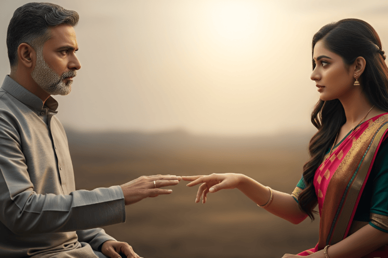 The Myth of Right and Wrong 20 A man and a woman look at each other mystically touching their fingers symbolizing a connection beyond the judgement of right and wrong