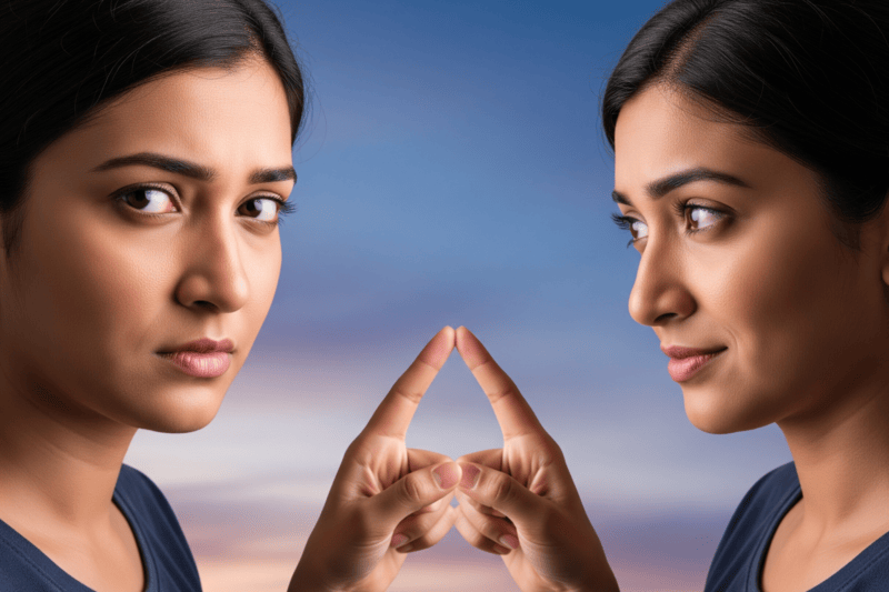 The Myth of Right and Wrong 19 A woman in varied looks in a similarly placed situation depicting that truth is a self reflection